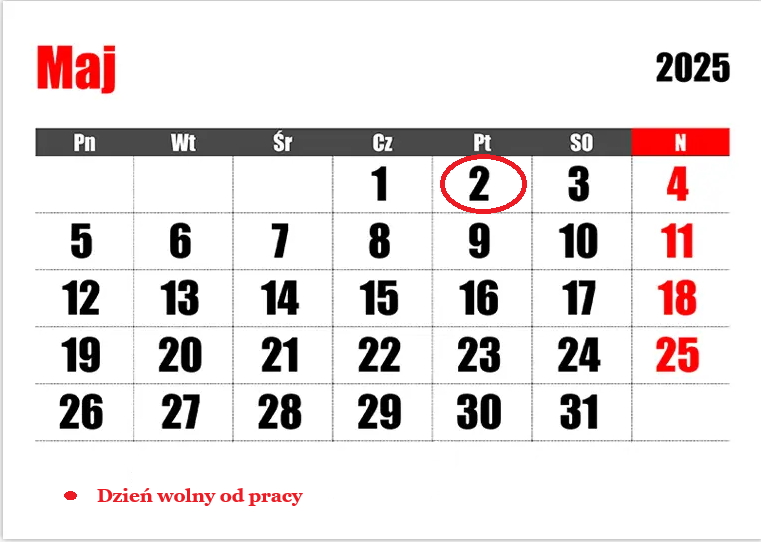 kartka z kalendarza maj 2025 r.